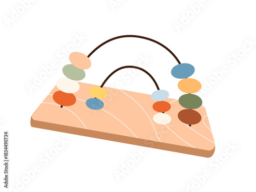 Illustration of a classic wooden children's abacus with colorful beads in muted, earthy tones. Symbolizes childhood, education, child development, and learning through play.