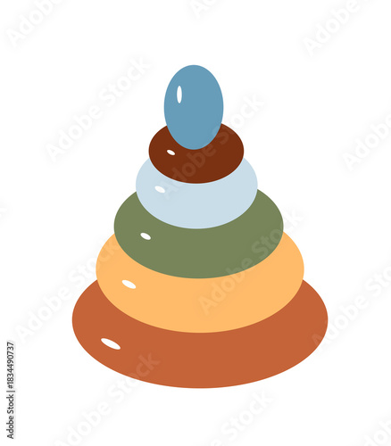 Vector illustration of a classic children's wooden stacking toy  in muted, earthy tones. Ring pyramid isolated.Design element for childhood theme, education, baby development, and play.