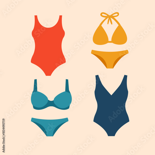 A set of stylish women's swimsuits and bikinis in flat design: a red one-piece, yellow bikini, teal bra-style bikini, and a navy V-neck one-piece. A clean and modern illustration for summer or fashion
