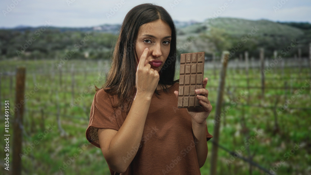 Obraz premium Hispanic young brunette woman points index finger to cheek while holding a large chocolate bar in a forest vineyard; longing craving.