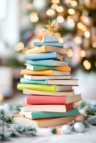 Creative book christmas tree with festive background bokeh lights
