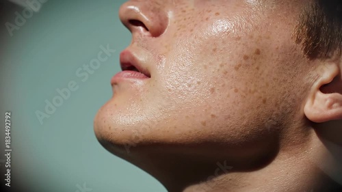 Person face profile sunlight freckled skin closeup human detail outdoor portrait
