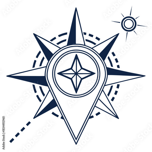 Compass design with directional markers and sun illustration  