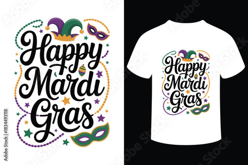 Happy mardi gras celebration design with festive elements and t shirt mockup