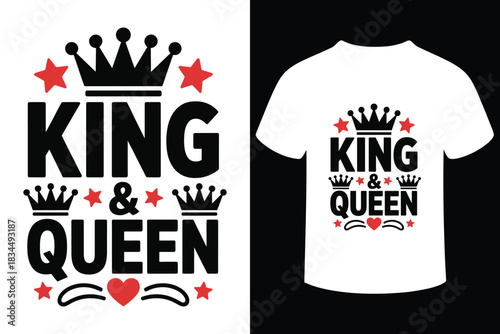 King and queen matching couple t shirt design with crowns and hearts