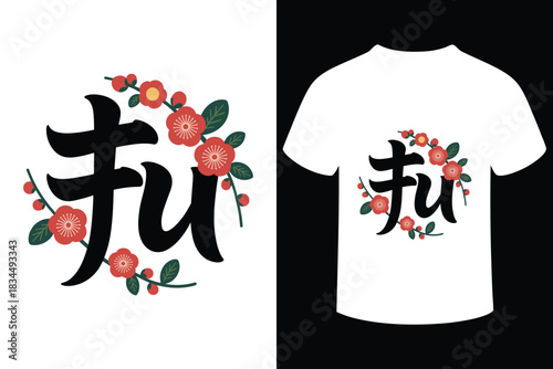 Chinese character fu with cherry blossoms design for t shirt