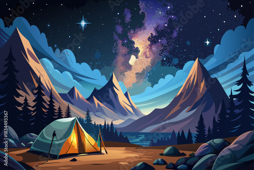 vector of Adventure camping in the mountains. A tent is erected and shines under the Milky Way. Composite photo.