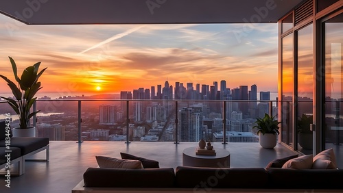 A modern apartment balcony with comfortable seating offers a breathtaking view of a city skyline bathed in the warm glow of a sunset.