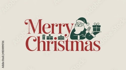 Holiday greeting illustration with santa holding gift and holiday decoration