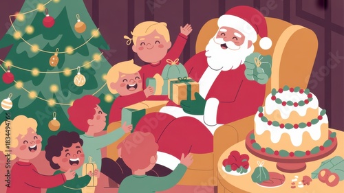 Little children with santa receiving gifts holiday tree decoration design