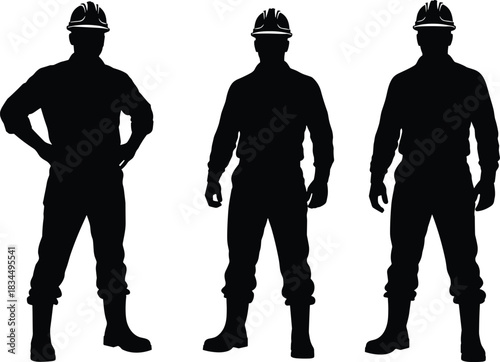 Construction worker silhouettes, safety gear icons, industrial labor vector, helmeted figures clipart, black illustration set, work pose