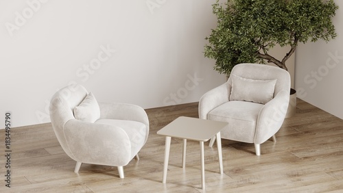 Pastel light color - interior lounge accent. Neutral elegant panton color of the year 2026 cloud dancer of walls and furniture armchairs.  Living modern stylish room interior mockup design. 3d render