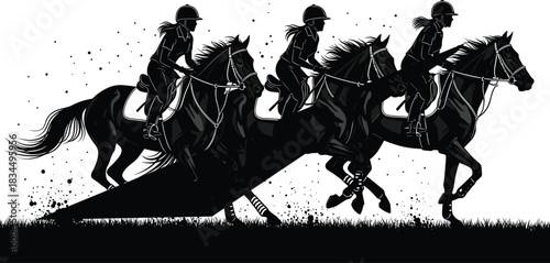 Horseback riding silhouettes, galloping horse vector, equestrian sport clipart, black rider icons, dynamic motion illustration set