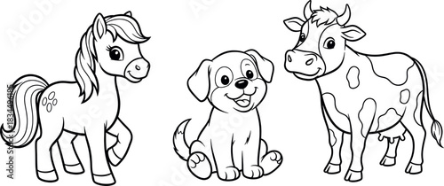 Cute cartoon coloring page featuring a pony, a puppy, and a cow