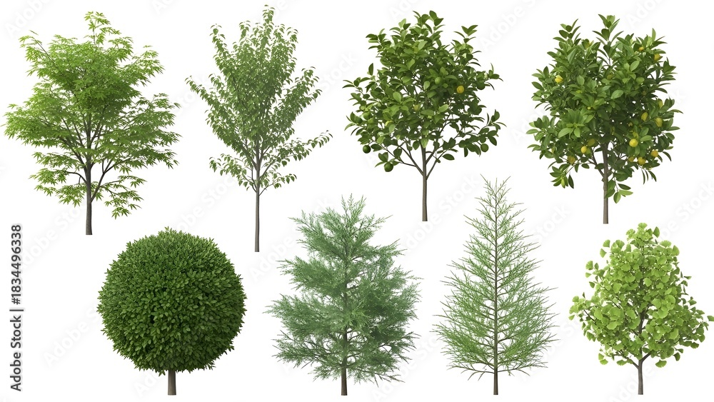 Fototapeta premium Collection of various green deciduous and evergreen tree cutouts