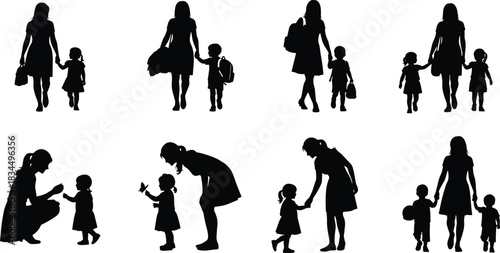 Parent and child silhouettes, walking together, nurturing moments, family bonding vector, caregiving clipart, black people icons