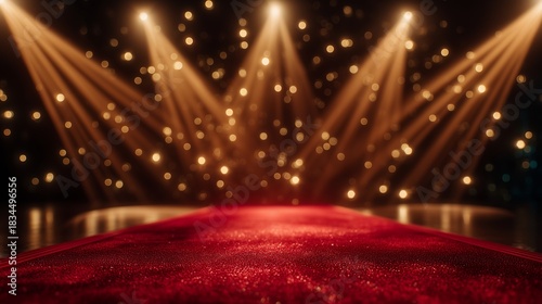 Red Carpet with Warm Stage Spotlights and Golden Bokeh Lights