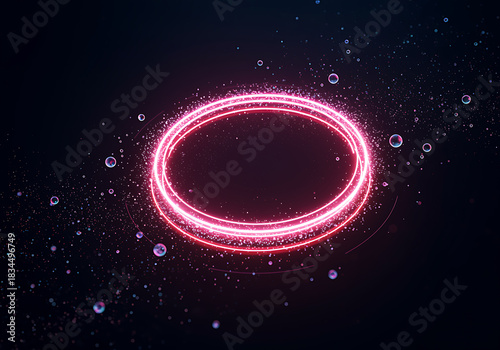 Abstract glowing pink neon ring frame with sparkling particle effect on dark background