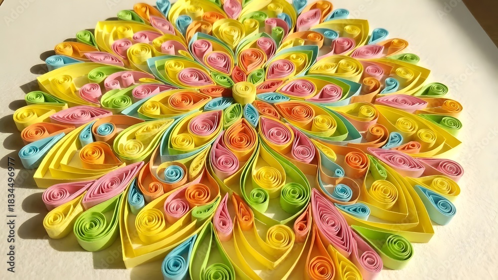 Fototapeta premium A vibrant, intricate quilling artwork featuring a radial, mandala-like design crafted from colorful paper strips in various shapes.