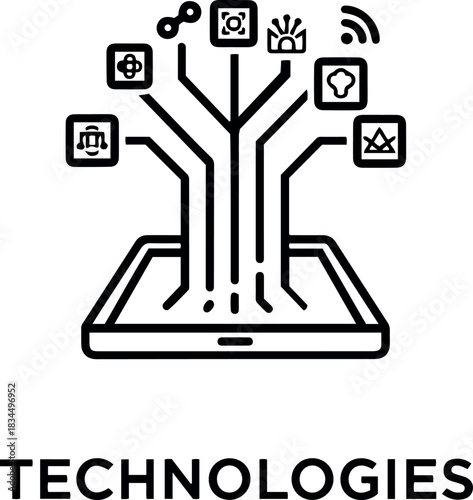 Ai technology vector illustration of a smartphone displaying a technology tree with various app icons above it alluding to apps