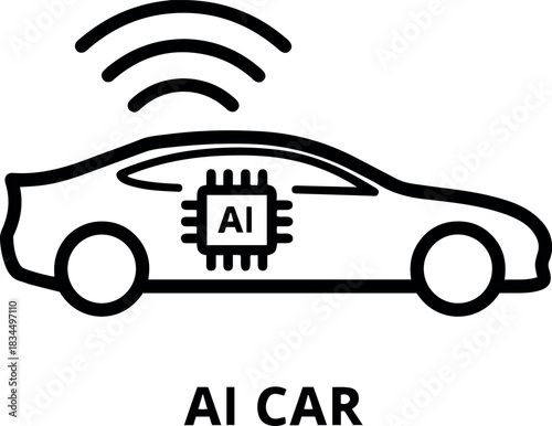 Ai technology vector illustration of a white ai car with black outlines and ai chip, emitting signal waves from the top side