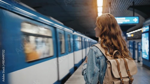 Young woman traveler backpack standing subway platform moving train urban commute transit system journey