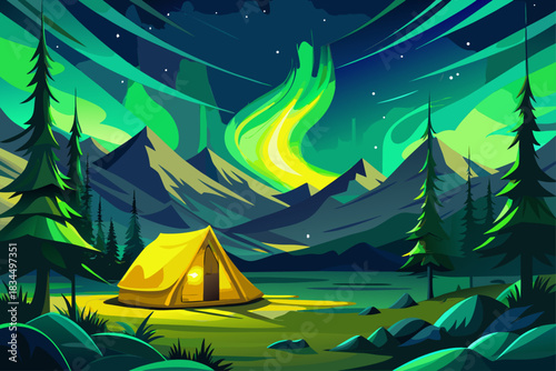 vector of A bright yellow camping tent under the beautiful aurora borealis of the green northern lights. Travel adventure landscape background. Composite photo.