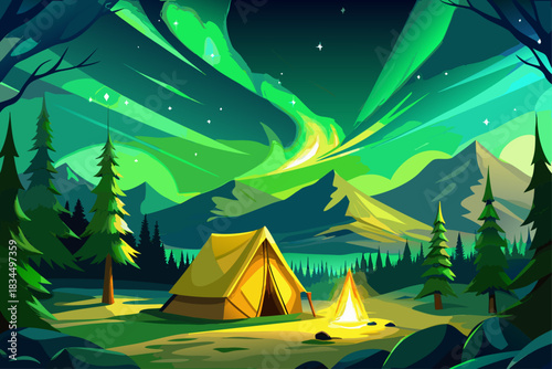vector of A bright yellow camping tent under the beautiful aurora borealis of the green northern lights. Travel adventure landscape background. Composite photo.