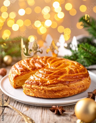 Collection of photos featuring Galette des Rois on a rustic table, golden flaky pastry, paper crown, festive holiday lights, Christmas greenery, cozy winter mood, premium gourmet food photography.