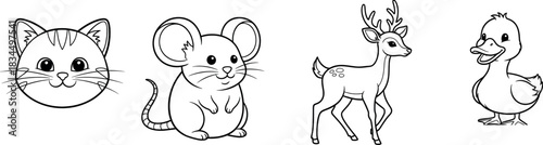 Cute cartoon outline collection of four different animal heads and bodies cat, mouse, deer, and duckling