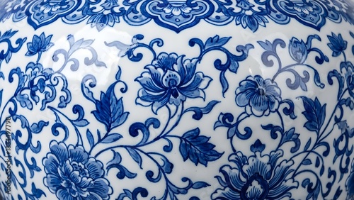 Close-up of intricate blue and white floral pattern on traditional Chinese porcelain vase.