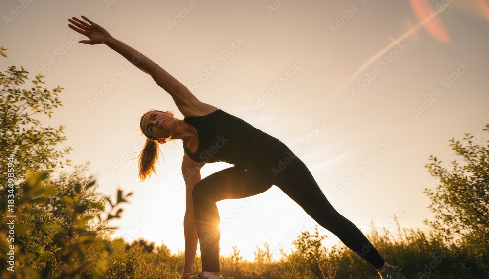 Fototapeta premium Fit athletic woman in black sportswear practices yoga outdoors, performing a side angle pose with her arm extended during a beautiful golden hour sunset in a natural park setting