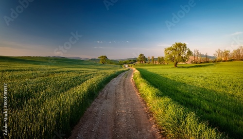 greens and browns converge along a dirt path under clear skies in a rural landscape during late afternoon in spring