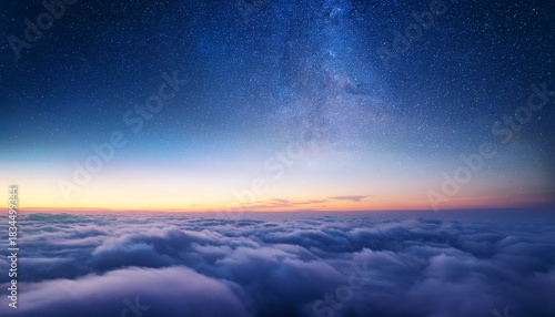 serene moonlit landscape over soft clouds with starry sky and distant horizon at twilight