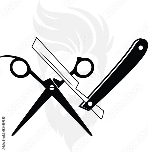A silhouette of barber scissors and a straight razor against the background of a bearded man's hair - professional barbershop logo design