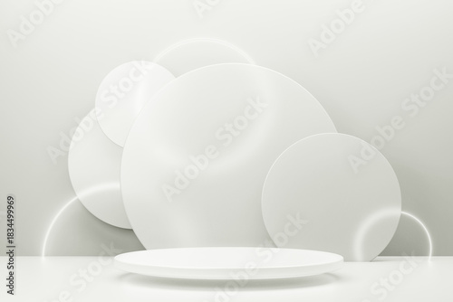 White circular podium presenting products against concentric shapes, creating a clean, modern, and abstract studio setting. Color of 2026 year dancer in the white cloud