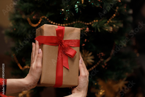 A wrapped present with a red ribbon is held in front of a decorated Christmas tree