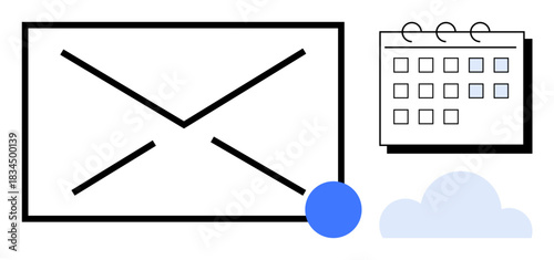 Envelope with notification dot, calendar displaying dates, and cloud suggest communication, scheduling, organization. Ideal for email, productivity, teamwork, planning data syncing messaging