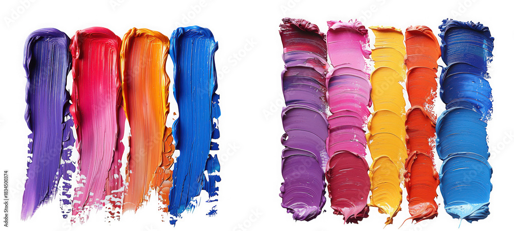 Fototapeta premium Vibrant streaks of colorful oil paint swatches showing different textures and hues isolated on transparent background
