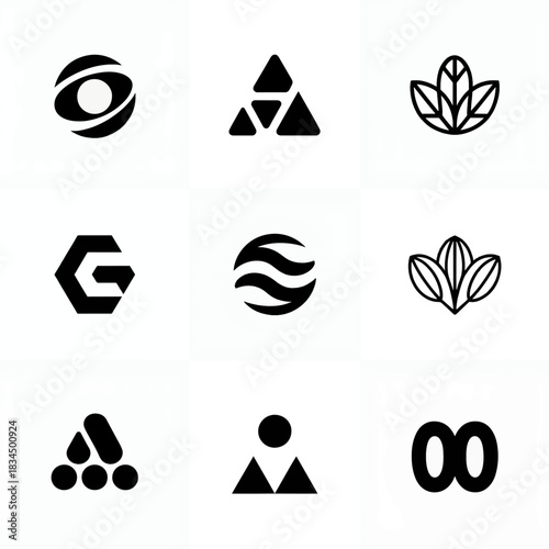 Set of 9 Modern Minimalist Black Vector Logos – Geometric, Abstract, and Nature-Inspired Icon Designs
