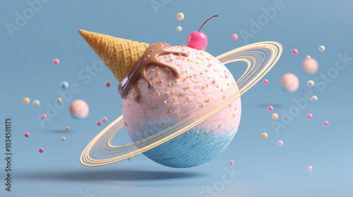 Creative ice cream planet with sprinkles, cherry, and cone against a blue background