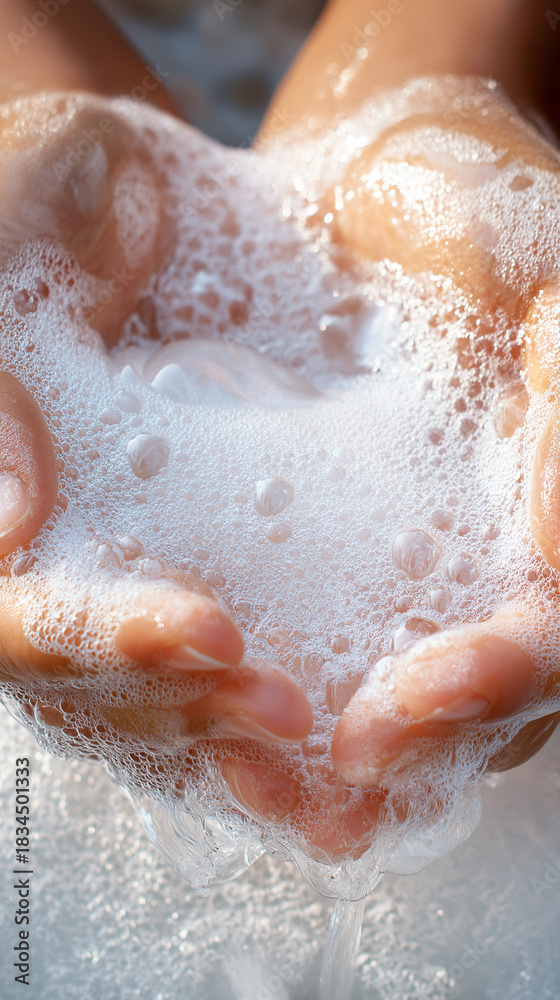 Fototapeta premium Hands cupping a rich lather of foamy soap during a close-up handwashing moment. 