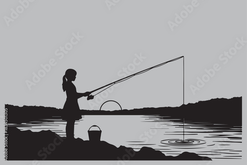 Girl Fishing at the Lakeside silhouette vector design art and illustration