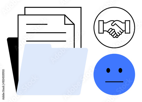Document management concept. Paperwork ation with a file folder, handshake for partnership, and a neutral face icon. Document management for offices, collaboration tools, digital workflows
