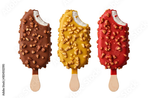 Three ice cream bars with chocolate and nuts isolated on transparent background