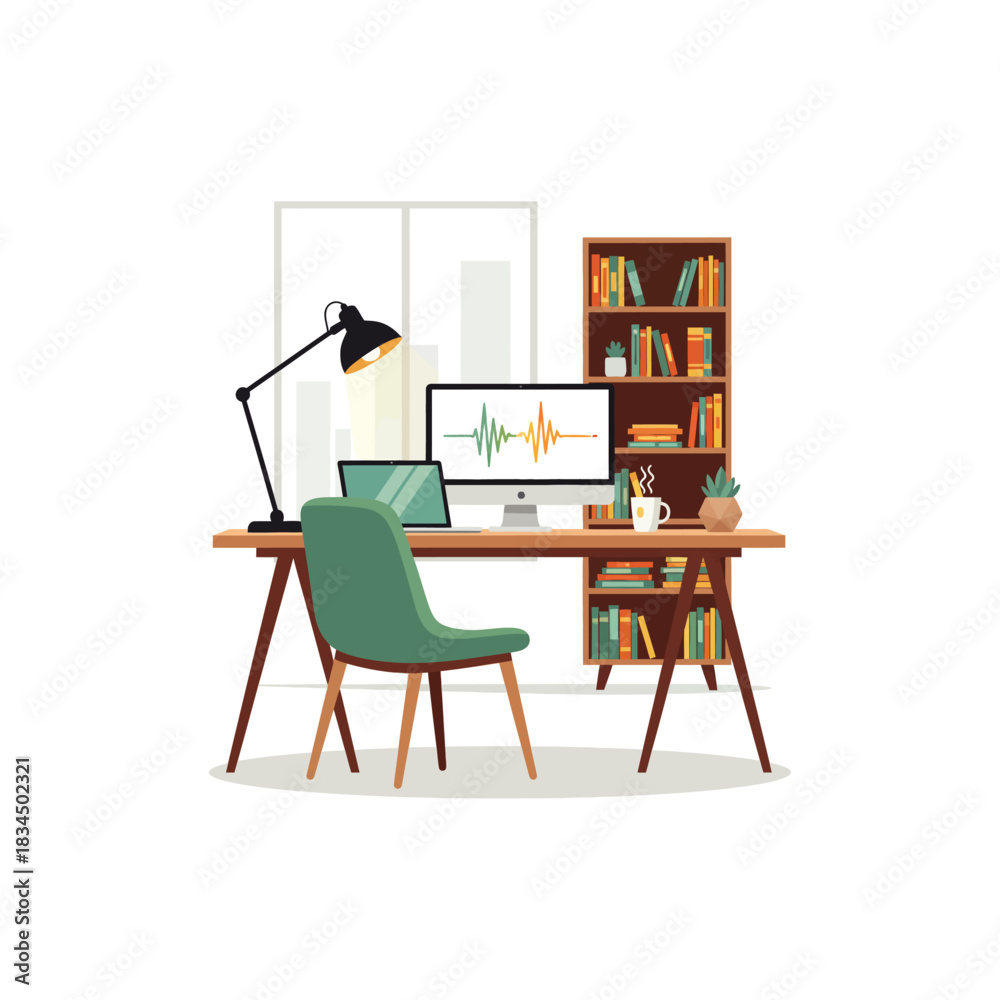 Fototapeta premium Home office desk setup icon flat vector design.