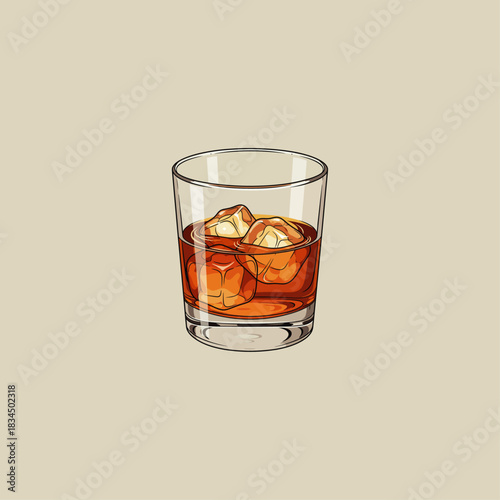 Glass of whiskey and ice cubes icon flat vector design.