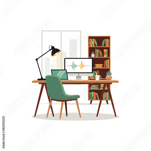 Home office desk setup icon flat vector design.