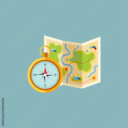Compass and map icon flat vector design.