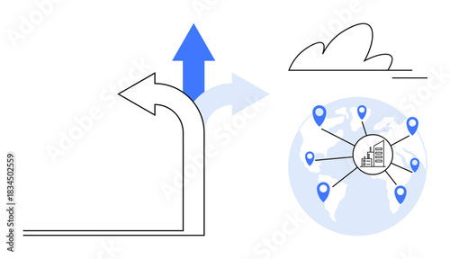 Business growth, global networking, cloud technology, data management, international expansion, digital transformation. Arrows showing growth with world map and cloud symbol. Business growth